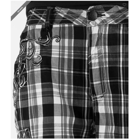Y2K ROAR Mens Cargo Shorts Embroidered Plaid Black Utility Grunge Skater Size 33 - Picture 9 of 16